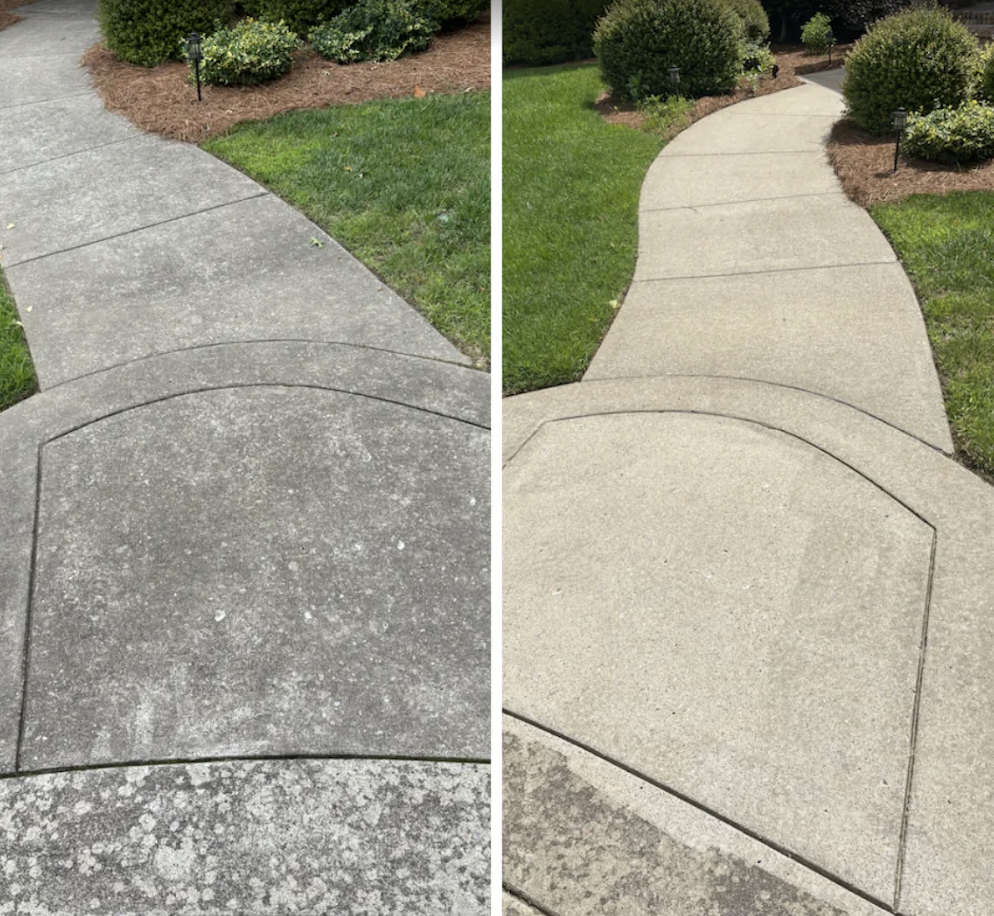 Walkways before and after exterior cleaning project by Estate Exterior Care